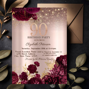 Burgunder Blumen Glitter Rosen Gold 90. Geburtstag Einladung
