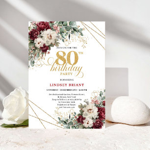 Burgunder Blumen Gold Grün 80. Geburtstag Einladung