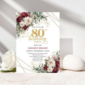 Burgunder Blumen Gold Grün 80. Geburtstag Einladung