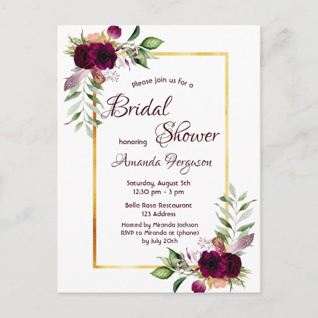 Burgunder Blumen goldene Vegetation boho Brautpart Postkarte (Vorderseite)