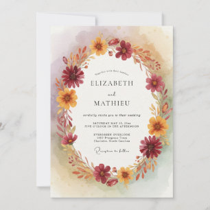 Burgunder-Blumen-Herbstkranz-Hochzeit Einladung