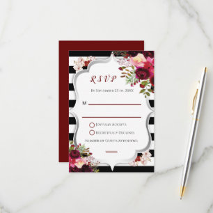 Burgunder Blumen Hochzeit in Schwarz-Weiß-Streifen RSVP Karte