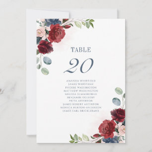 Burgunder Blumen Hochzeit Tischnummer Sitzkarte