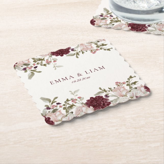 Burgunder Blumen Hochzeitspapier Untersetzer (angewinkelt)