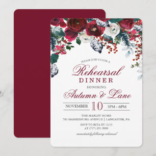 Burgunder Blumen Hochzeitsprobe-Dinner-Einladung Einladung