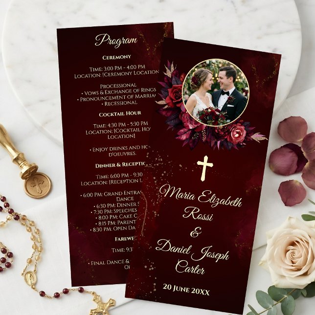 Burgunder-Blumen-Katholisches-Hochzeitsprogramm Programm (Burgundy Floral Catholic Wedding Program)