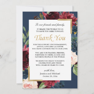 Burgunder Blumen Navy Blau Hochzeit Platzsetting Dankeskarte