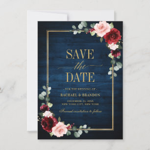 Burgunder Blumen Navyblau Goldrahmen Save-the-Date
