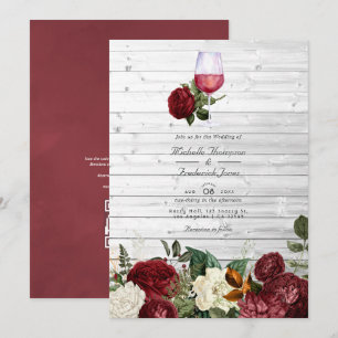 Burgunder Blumen QR Code RSVP Weinprobe Hochzeit Einladung