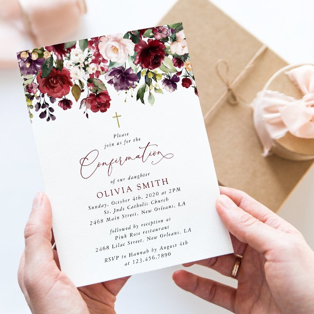 Burgunder Blumen, Rosa Blumen, Boho, Konfirmation Einladung (Von Creator hochgeladen)