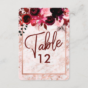 Burgunder Blumen & Roségoldene Hochzeitstischnumme Einladung