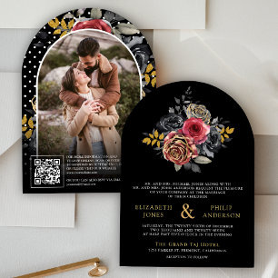 Burgunder Blumen Rosen QR-Code Foto Schwarze Hochz Einladung