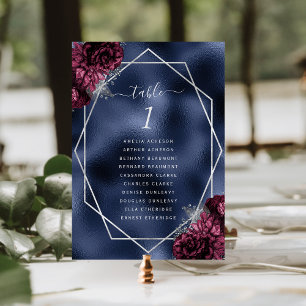 Burgunder Blumen Silber Rahmen Navy Folie Hochzeit Tischnummer