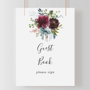 Burgunder Blumen- und Grünpflanzen-Gästebuch-Schil Poster