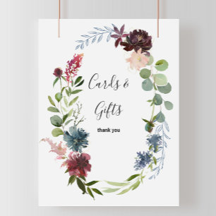 Burgunder Blumen- und Grünpflanzen-Karten- und Ges Poster