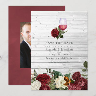 Burgunder-Blumen-Wein-Verkostungs-Hochzeitsfoto Save The Date