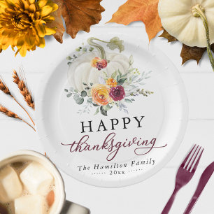 Burgunder Blumen Weiße Kürbis Thanksgiving Pappteller