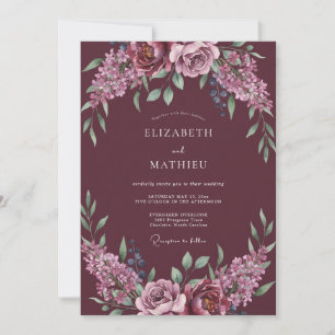 Burgunder-Blumengirlande-Romantik-Hochzeit Einladung