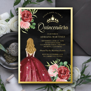 Burgunder Blumenkleid Schwarz Quinceanera Gold Folieneinladung