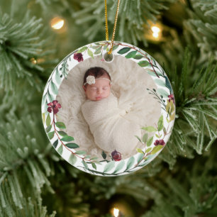 Burgunder-Blumenkranz Baby Mädchen Erstes Weihnach Keramik Ornament