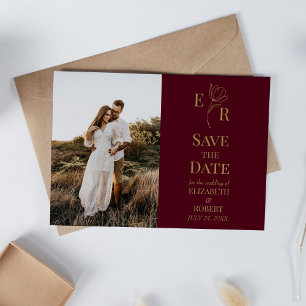 Burgunder Blumenmonogramm Foto Save-the-Date-Karte Einladung