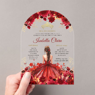 Burgunder Blumenprinzessin Gold Quinceanera Acryleinladungen