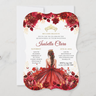 Burgunder Blumenprinzessin Gold Quinceanera Einlad Einladung