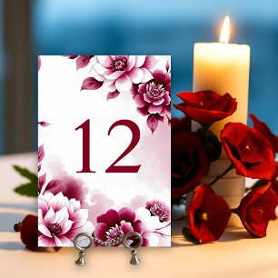 Burgunder Blumenrahmen und Aquarellwasser Hochzeit Tischnummer