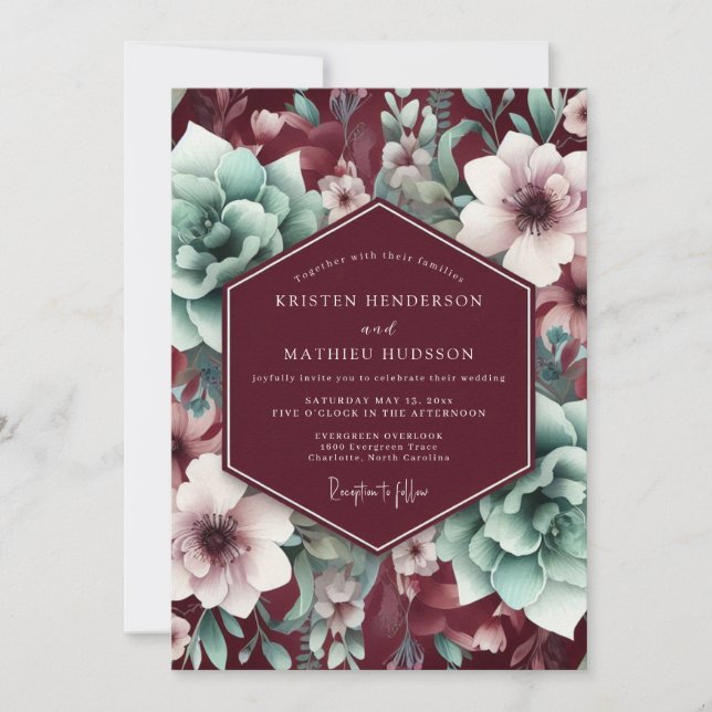 Burgunder-Blüten-Eleganz-Hochzeit Einladung (Vorderseite)