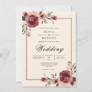 Burgunder-Blüten-Rand-Hochzeit Einladung