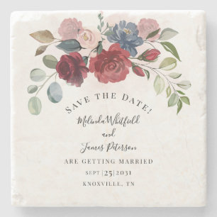 Burgunder-Blüten-Rustikale-Floral-Save-The-Date Steinuntersetzer