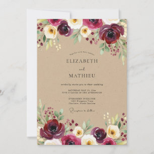 Burgunder-Blüten-Wiesen-Hochzeit Einladung