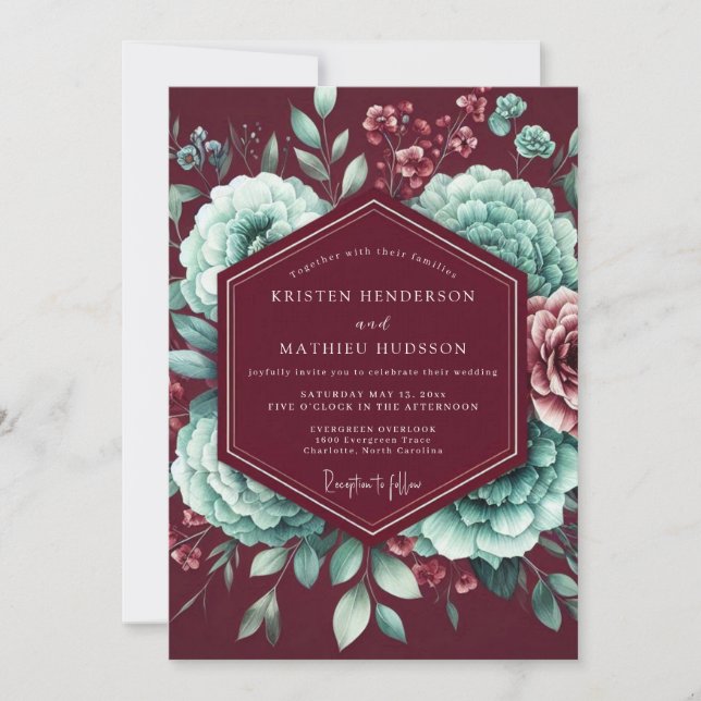 Burgunder-Blüten-Zauber-Hochzeit Einladung (Vorderseite)