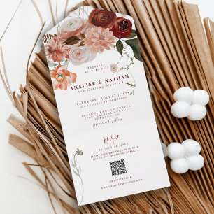 Burgunder Boho Blumen Hochzeit QR Code All In One Einladung