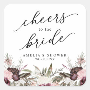 Burgunder Boho Blumen Hochzeitsshower Quadratischer Aufkleber