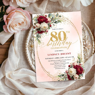 Burgunder Boho Chic Blumen 80. Geburtstagsfeier Einladung