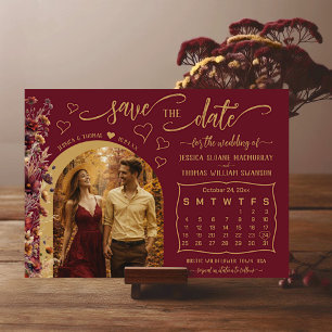 Burgunder Boho Wildblumen Foto- & Kalender-Hochzei Save The Date