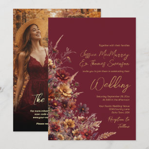 Burgunder Boho Wildblumen & Foto-QR-Code-Hochzeit Einladung