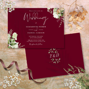 Burgunder Botanische Grünmonogramm-Hochzeit Einladung