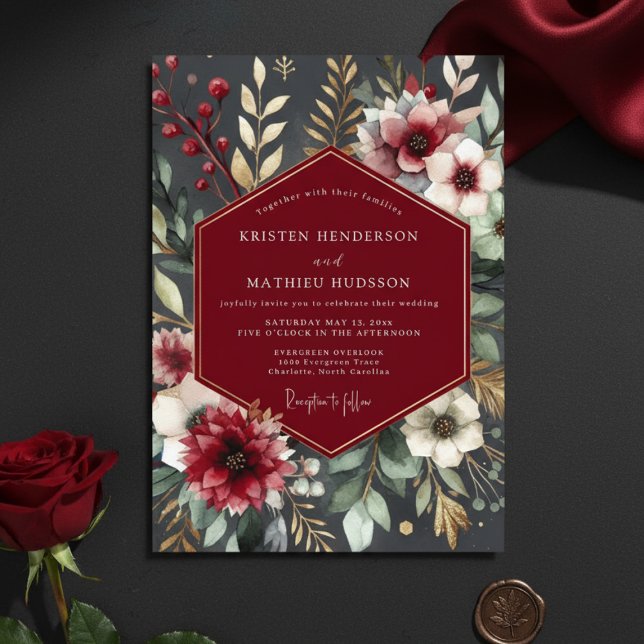 Burgunder Botanische Romantische Hochzeit Einladung (Von Creator hochgeladen)