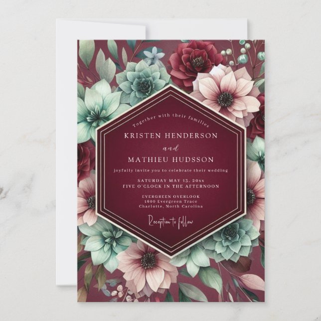 Burgunder Botanischer Traumhochzeit Einladung (Vorderseite)