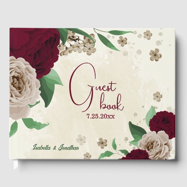 Burgunder Champagner Blume Hochzeit Gästebuch (Vorderseite)