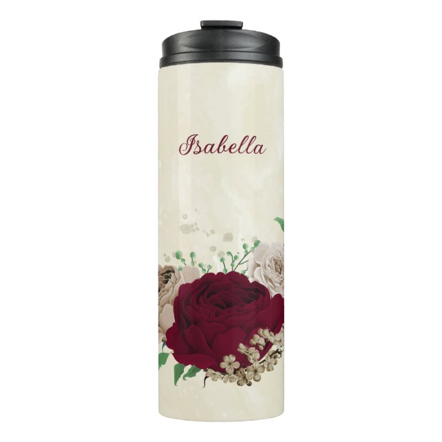 Burgunder Champagner Blume Hochzeit Thermosbecher (Vorderseite)
