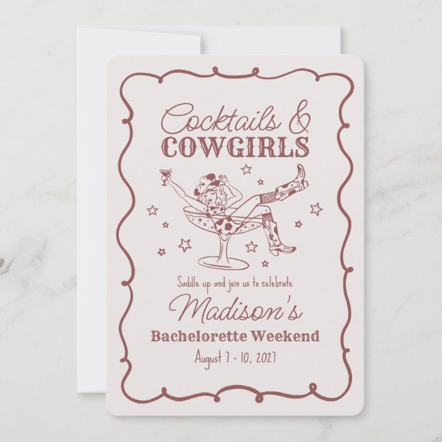 Burgunder Cocktail und Cowgirls Bash Bachelorette Einladung (Vorderseite)