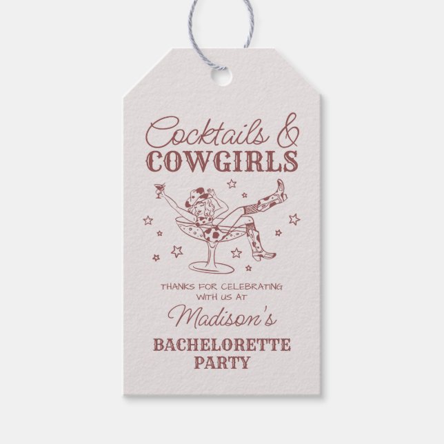 Burgunder Cocktails und Cowgirls Rodeo Bachelorett Geschenkanhänger (Vorderseite)