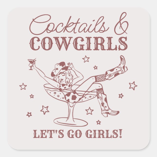 Burgunder Cocktails und Cowgirls Rodeo Bachelorett Quadratischer Aufkleber (Vorderseite)