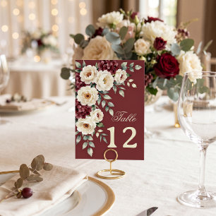 Burgunder-Cream-Wasserfarben-Blumen-Winterhochzeit Tischnummer