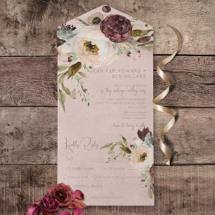 Burgunder Creme & Pink Vintag Peonies Rosa Abendes All In One Einladung