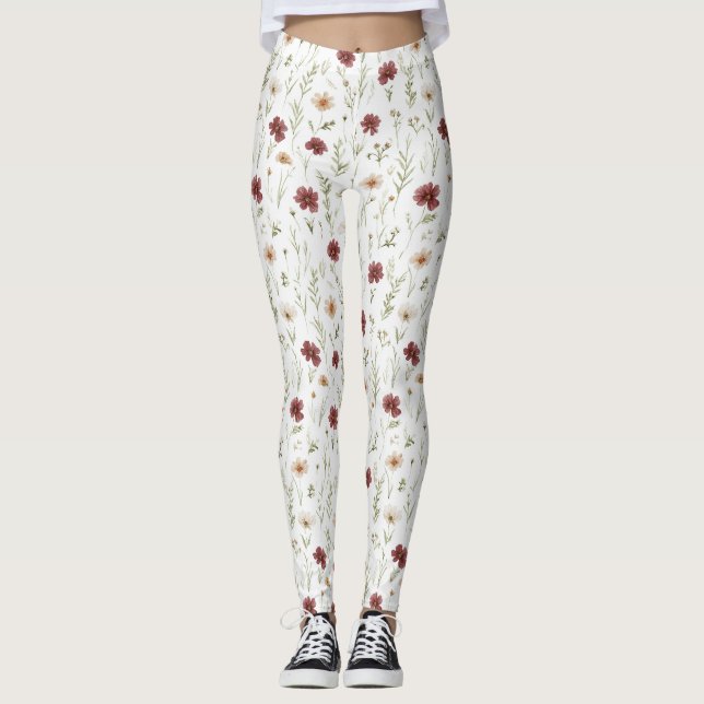 Burgunder-Cremear Blumen Leggings (Vorderseite)