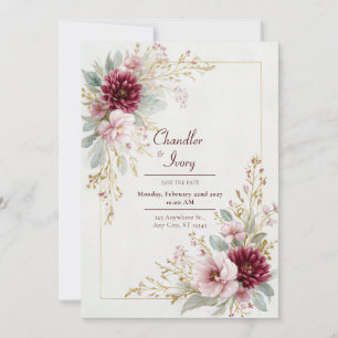 Burgunder-Dahlie Rosa Rosen-Goldrahmen-Hochzeit Einladung